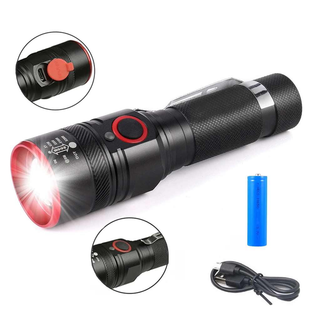 Portable T6 LED фенерче USB акумулаторна Zoomable писалка клип факел самозащита джоб светлина водоустойчив 18650 батерия ръчна лампа