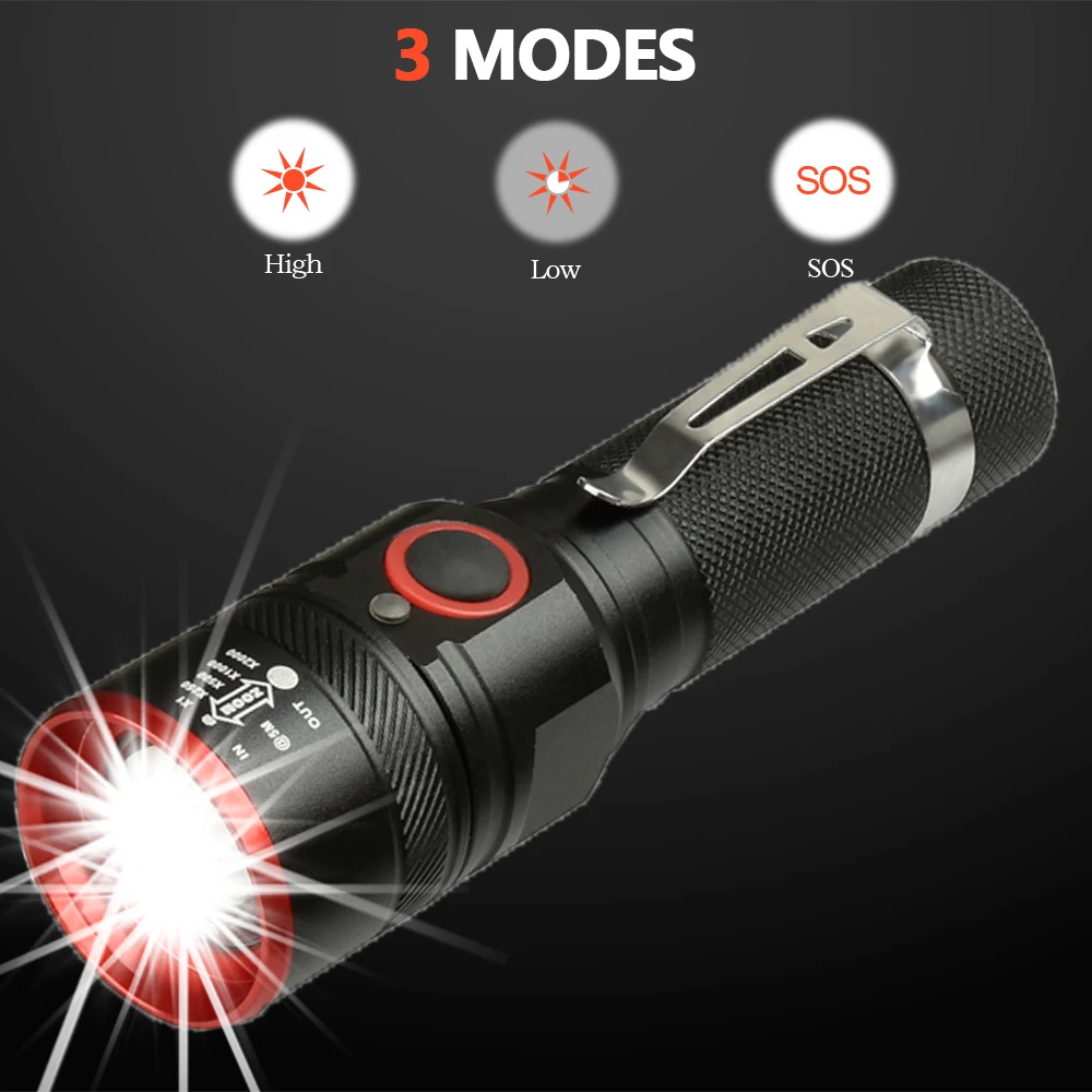 Portable T6 LED фенерче USB акумулаторна Zoomable писалка клип факел самозащита джоб светлина водоустойчив 18650 батерия ръчна лампа