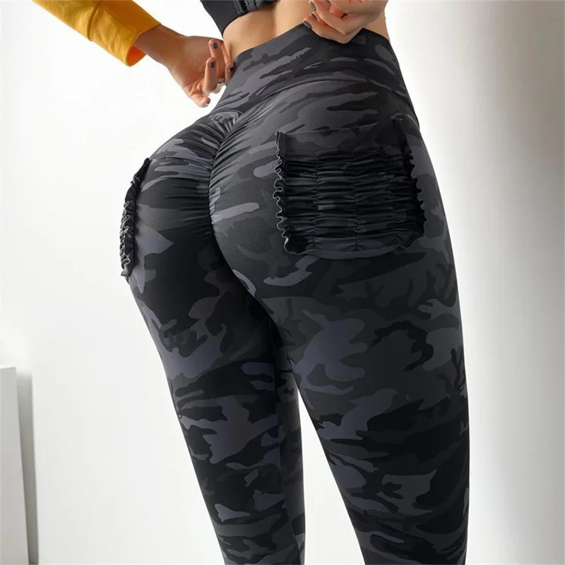 камуфлаж фитнес панталони женски висока талия секси тънък стегнат спортни панталони бягане праскова хип свързващи вещества йога панталони неща корсет