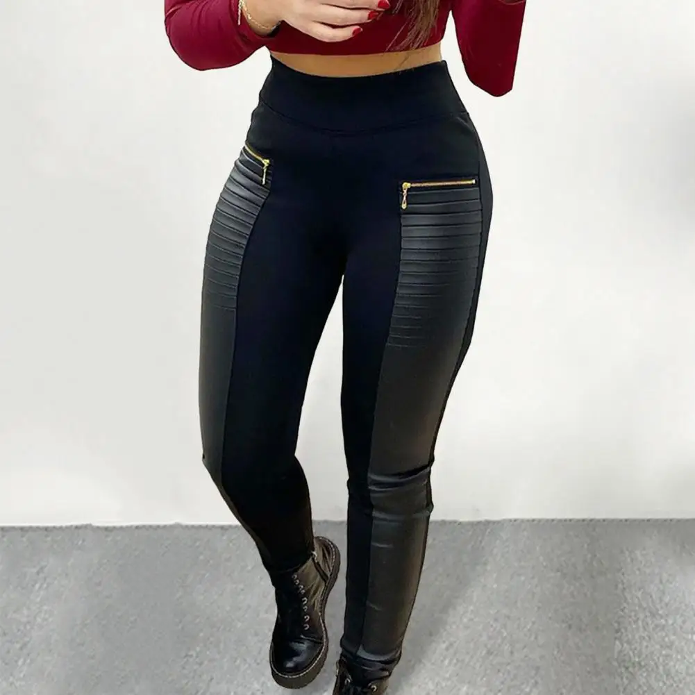 Butt-повдигнати панталони стилен изкуствена кожа дамски панталони цип декор пачуърк цвят съвпадение тънък годни средата талията случайни задника повдигнати