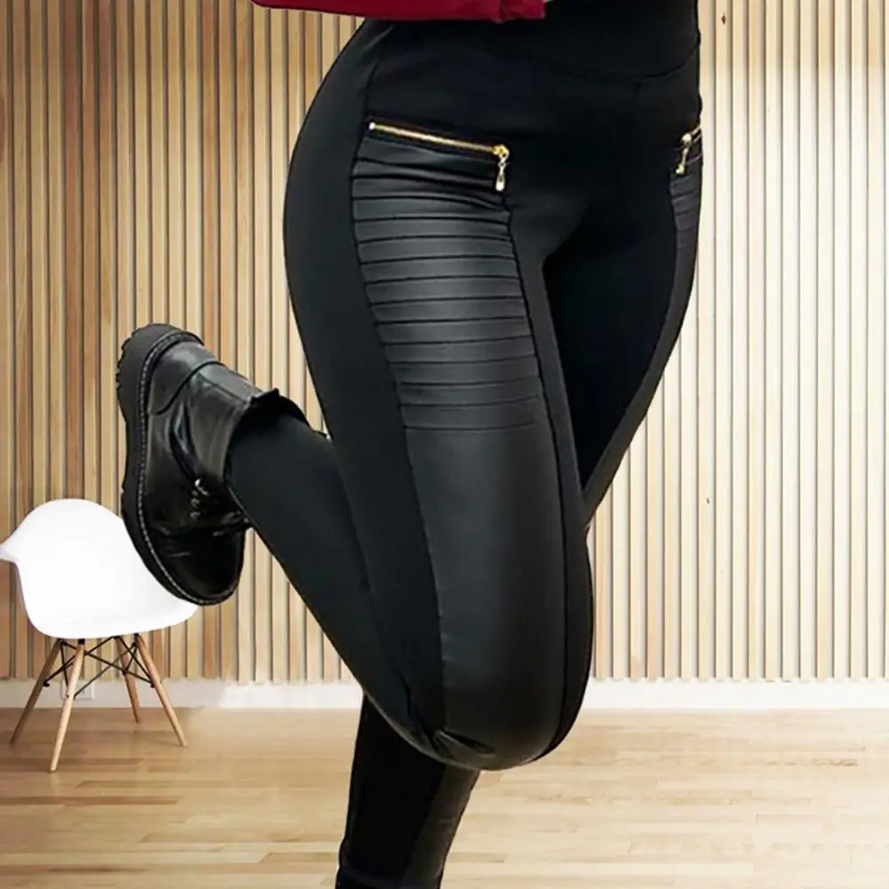 Butt-повдигнати панталони стилен изкуствена кожа дамски панталони цип декор пачуърк цвят съвпадение тънък годни средата талията случайни задника повдигнати