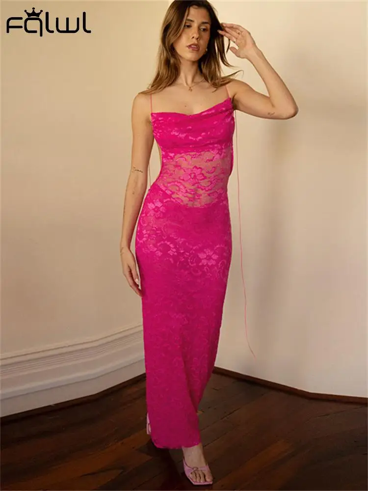 Habbris Winter Sexy Rosered Lace Maxi Dress Elegantly Party For Women 2023 Backless Bodycon Дълга рокля See Through Dress Female
