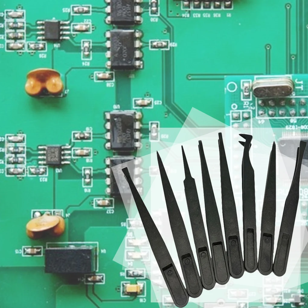 8pcs Антистатични електронни пинсети комплект Пластмасова електроника DIY PCB ремонт ръчен инструмент