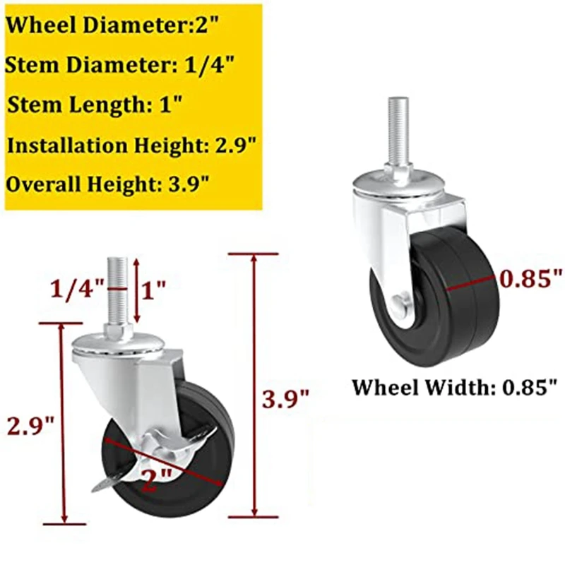 2inch колела колела с резба стволови гумени колела (диаметър на винта 1/4 инча, дължина 1 инч) за телени рафтове багажник крака