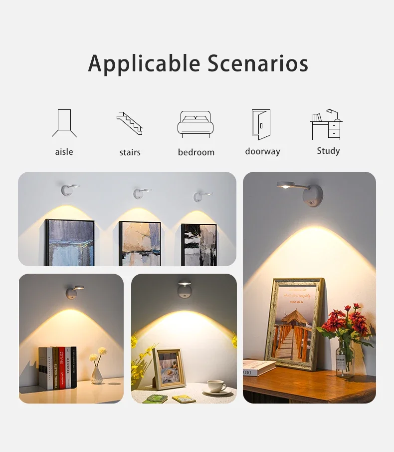 Нощна светлина LED сензор за движение светлина Безжичен TYPE-C USB за кухня Спалня стенопис Сензор за хол Стенна лампа Вътрешно осветление