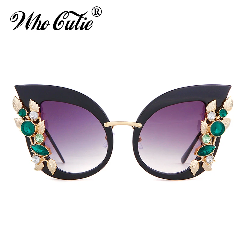 WHO CUTIE 2018 Извънгабаритни котешки очи слънчеви очила жени ретро реколта кристал диамант метална рамка 80S Cateye слънчеви очила нюанси 555