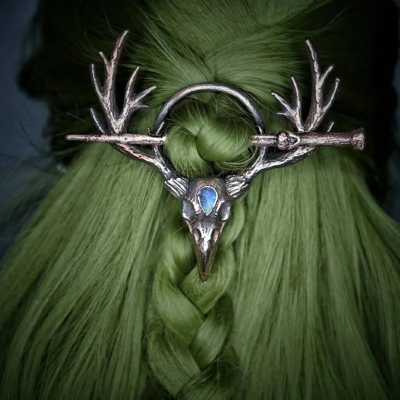 Ретро лунен камък пръчки за коса жени метални готически викинг реколта издълбани врана череп рога коса пръчици за коса фиби аксесоари за коса