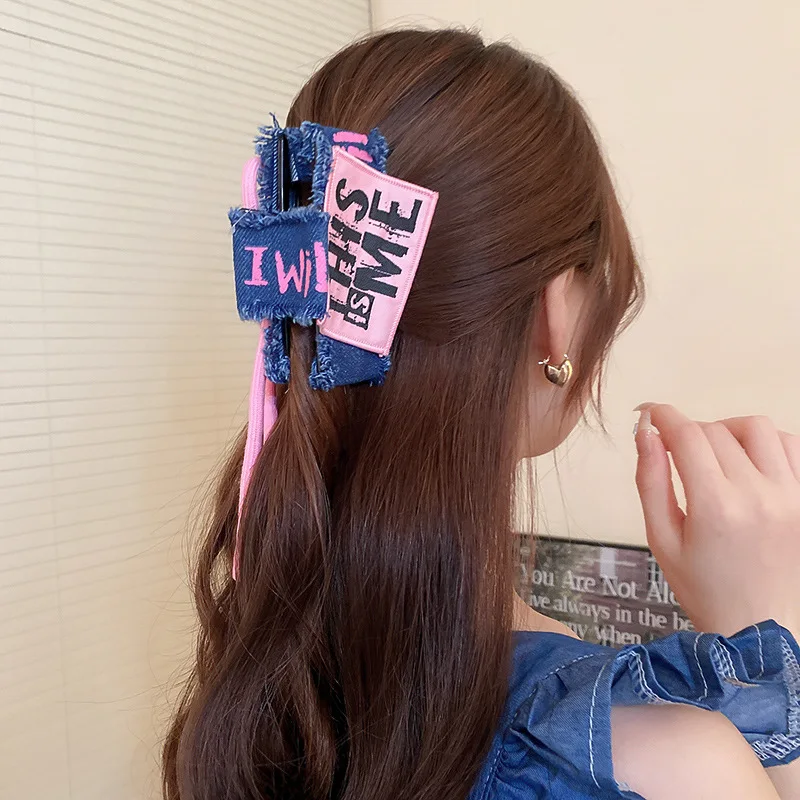 Fabric Bowknot Двустранен деним щипка за коса Творчески контрастен цвят Дамски нокти за коса Сладък темперамент Бижута за коса Момиче