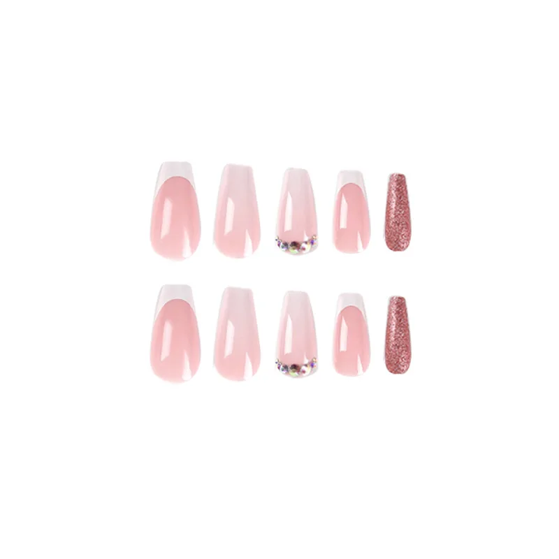 Pink White Gradient Glitter Powder Rhinestone Nail Art French Fake Nail T-shape Finished False Nail Press on Nail Glue Manicure