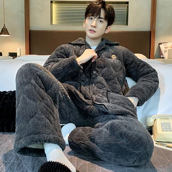 Френски стил 3-слой супер сгъстяване фланела зимно спално облекло за спане топло плюшени мъже пижама 3XL хлабав твърди каре пижама комплект