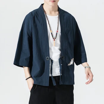 Лятно улично облекло Японска жилетка Кимоно памучна ленена риза Мъжка реколта бельо риза Solid реколта случайни тениска