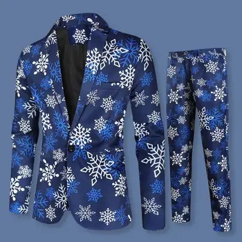 парти палто панталони комплект стилен мъжки новогодишен парти костюм карикатура Санта снежинка печат карирана модел цвят съвпадение ревера яке