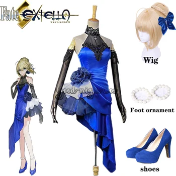 Game FGO Fate/Extella Saber Cosplay костюми Перука Синя рокля Секси без ръкави гърдите Официална пола Хелоуин парти Ролева игра Униформа