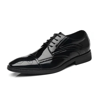 2024 Луксозни мъжки кожени обувки кафяви бизнес мъжки обувки заострени пръсти дантела черна рокля сватбени обувки