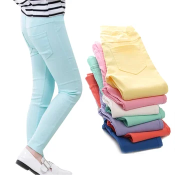 3-12-годишни момичета молив панталони еластични бебешки клинове 2024 нов тънък годни детски клин плътен цвят имитация дънки