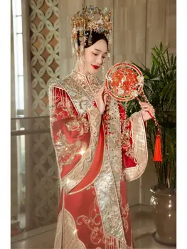 Ming династия китайски сватбена рокля бродерияТрадиционен Cheongsam реколта червено ханфу Qipao жени ориенталски стил Xifu плюс размер