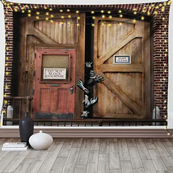 Зомби гоблен чудовища зад дървена врата Хелоуин гоблен страх фантазия стена висящи декор за спалня хол общежитие