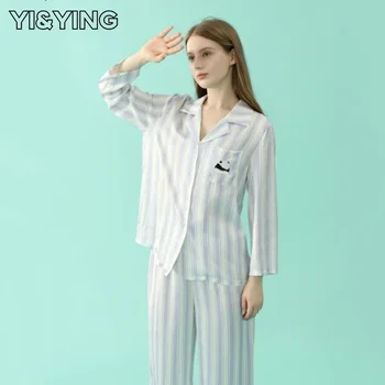 [YI&YING] 2023 Пролет и есен Нова симулирана копринена пижама дамска пижама с дълъг ръкав Домашен костюм може да бъде износена YA2C052 (Bl