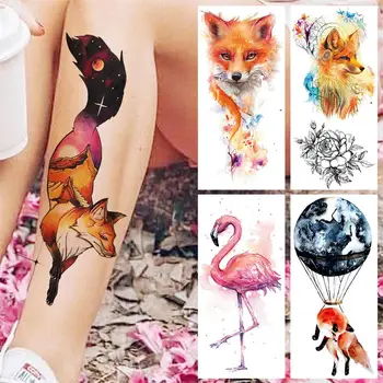 Акварел Fox теле временни татуировки за жени възрастен момиче фламинго цвете фалшив татуировка реалистични боди арт декорация Tatoo хартия