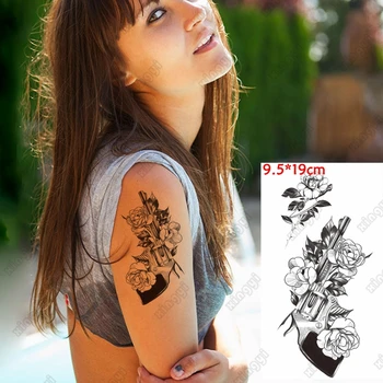 Водоустойчив временен татуировка стикер скица цветя пистолет луна флаш татуировки жени роза пеперуда боди арт ръка фалшив Tatoo мъже дама