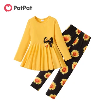 PatPat 2бр Kid Girl Bowknot дизайн дълъг ръкав чай и цветен печат гамаши комплект меки и удобни основен стил