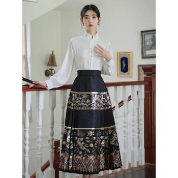 Черен печатни кон лицето пола нов китайски модифициран ханфу костюм традиционен щанд яка риза Mamianqun елегантен сатен Cheongsam