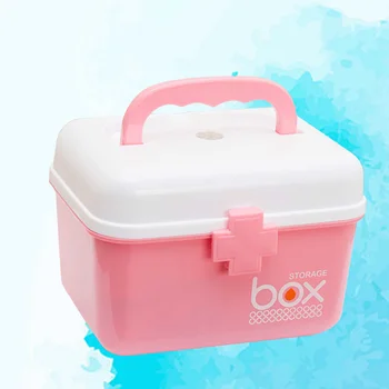 Pill Storage Box Organizer Кутия за първа помощ с подвижна тава & дръжка Семеен авариен комплект Организатор за съхранение - размер S (розов)