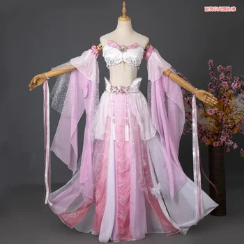 Ruoshuifang Feitian Hanfu Подобрен костюм на фея Древна танцова рокля Розов сценичен стенопис Момиче рокля комплект Секси сладка рокля