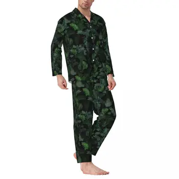 Тропически листа спално облекло пролет модерна зеленина реколта извънгабаритни пижама комплекти мъжки дълги ръкави романтичен отдих дизайн дома костюм