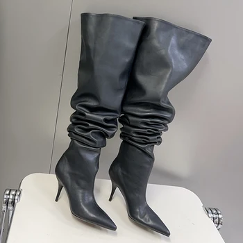 2023 Зимни буци платформа токчета дълги ботуши заострени пръсти цип дебела подметка дами мода зимата жените коляното високи ботуши