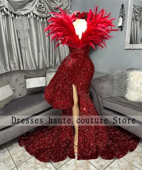 Червено кадифе пайети русалка абитуриентски рокли 2023 за черно момиче пера рожден ден парти рокля висока цепка вечерна рокля халати де соаре