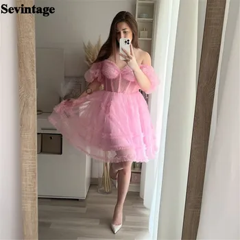 Sevintage Hearty Baby Pink Tulle Prom Dresses A-Line Off the Shoulder Ruched Knee Length Simple Party Gowns vestidos de gala