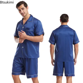 2023 Нова лятна пижама за мъже Ризи и шорти с къс ръкав Мека коприна Твърдо нощно облекло Спално облекло Сладък костюм за домашно обслужване Мъжки