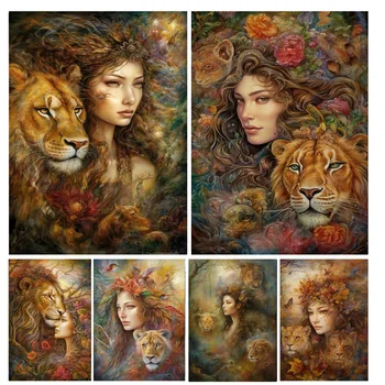5D DIY диамантена живопис бродерия фантазия жена есенни листа лъв животни мозайка кристали кръстат бод картина Y1121