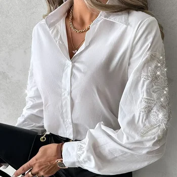 Жените флорални пайети бродерия закопчана топ риза елегантен Y2K дрехи пролетта есента дълъг ръкав завой надолу яка блуза