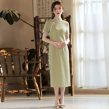 китайски стил зелен бутон Cheongsam жени ретро модерен подобрен къс ръкав Daily Qipao