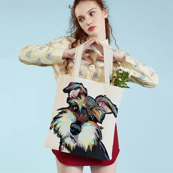 сладък акварел куче печат за многократна употреба еко пазарска чанта жени платно голяма пазарска чанта карикатура животински дама купувач рамо чанти