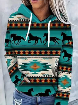 2024 Есен нов моден печат качулка суитчър за жени случайни дълъг ръкав хлабав джоб сива врана пуловери Коледа дамски топ