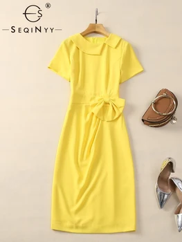 SEQINYY Жълта рокля на коляното Лятна пролет Нов моден дизайн Жените Runway High Street Bow драпирани къс ръкав тънък офис дама
