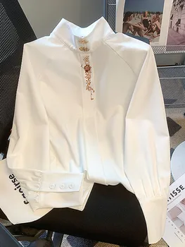 SMTHMA жени бродирана риза нова зимна стойка с дълъг ръкав яка блуза моден дизайн елегантни универсални върхове
