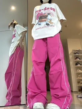Deeptown Y2K розови панталони за писта жени улично облекло хип-хоп широк крак Sweatpants извънгабаритни Harajuku Kpop бързо сухи спортни панталони