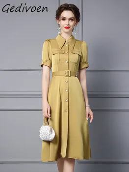 Gedivoen Summer Fashion Designer Елегантни жълти ризи рокля Дамски къс ръкав джобни крила Еднореден цепка Midi рокля