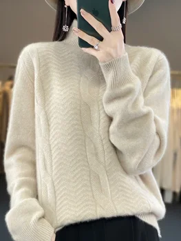 2023 Нова есен зима жени пуловер поло дебели пуловери 100% мериносова вълна обрат случайни топли кашмир трикотаж отгоре