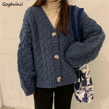 Плетени жилетки Дамски палта Loose Thick Solid Chic Slouchy Warm Thermal Korean Students Preppy Autumn Winter All-match Female