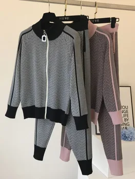 Мода плетени две части костюми кръг врата раиран печат цип жилетка пуловер + дълги панталони жени корейски стил случайни комплекти