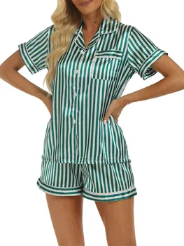 Пижама комплект за жени коприна сатен две части булката Pjs комплект къс ръкав бутон надолу риза и шорти спално облекло шезлонги