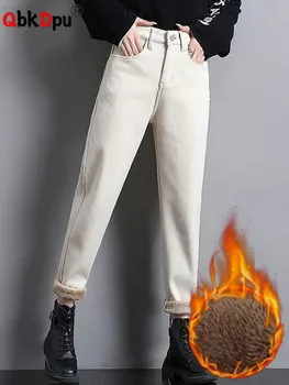 Зимен харем високо Wais плюшени кадифе облицовани дънки торбести жени случайни дълги дънкови панталони корейски сгъсти прав топъл кот пантолон