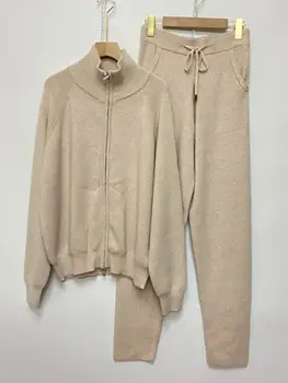 Луксозни две парчета кашмир комплекти вълнени костюми женски висока яка топла норка кашмир плетени пуловер върхове + вълна панталони комплекти
