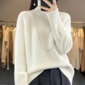 Луксозен удебелен половин водолазка кашмир пуловер за жени 100 чиста коза кашмир хлабав мързелив зимата база риза