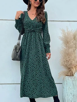 Fashion Women's 2023 New V Neck Green Long Sleeve Leopard Print Long Dress for Ladies High Waist Chic Dresses